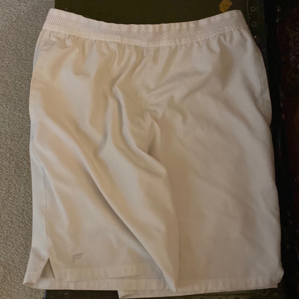 Fabletics white fundamental shorts with mesh liner